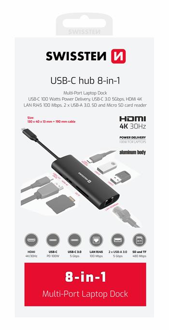 SWISSTEN USB-C HUB 8-IN-1 (USB-C 100W, HDMI 4K, LAN RJ45, 2x USB-A, 1x USB-C 5GBps, SD, MICRO SD) ALUMINIUM