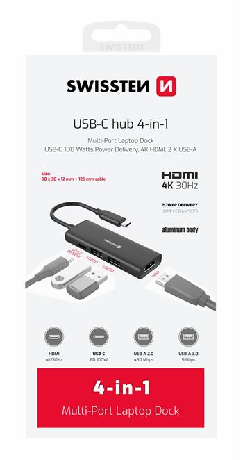 SWISSTEN USB-C HUB 4-IN-1 (USB-C 100W, HDMI 4K, 2x USB-A) ALUMINIUM
