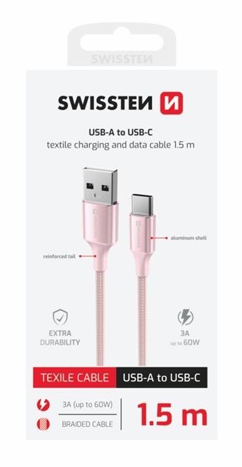 DATOVÝ KABEL SWISSTEN TEXTILE II USB / USB-C 1,5 M RŮŽOVÝ