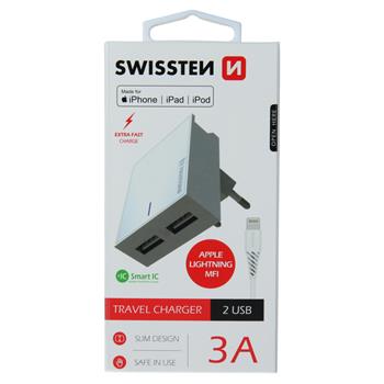 SWISSTEN SÍŤOVÝ ADAPTÉR SMART IC 2x USB 3A POWER + DATOVÝ KABEL USB / LIGHTNING MFi 1,2 M BÍLÝ