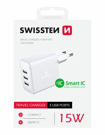 SWISSTEN SÍŤOVÝ ADAPTÉR 3x USB 3A 15W BÍLÝ