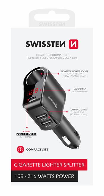 SWISSTEN AUTOADAPTÉR S VÝSTUPEM 1x CL, 1x UCB-C PD a 2x USB-A, 108W - 216W